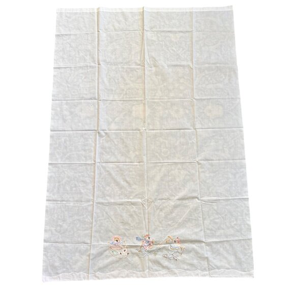 Vintage Embroidered Baby Crib Flat Sheet  Jump Rope Skiing Baseball White Pink - Picture 7 of 9